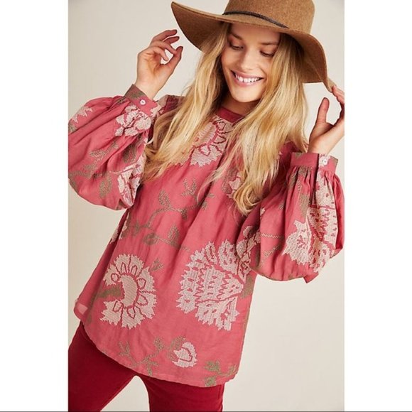 Anthropologie Tops - Anthropologie Payal Pratap Rhododendron Embroidered Balloon Sleeve Blouse
